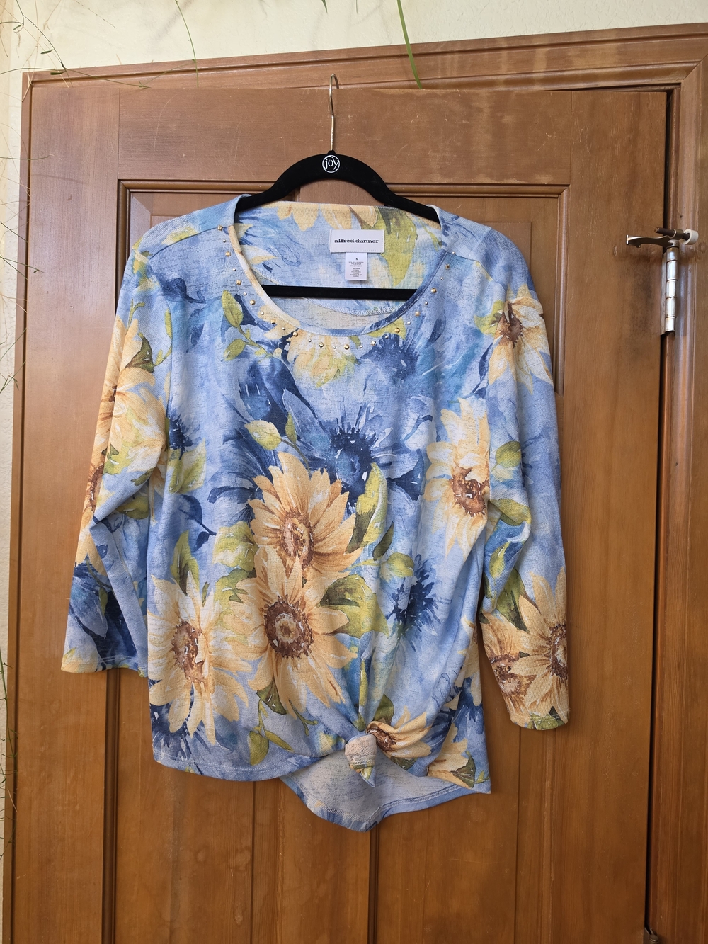 Alfred Dunner Blue Floral Sunflower Knot-Front Top